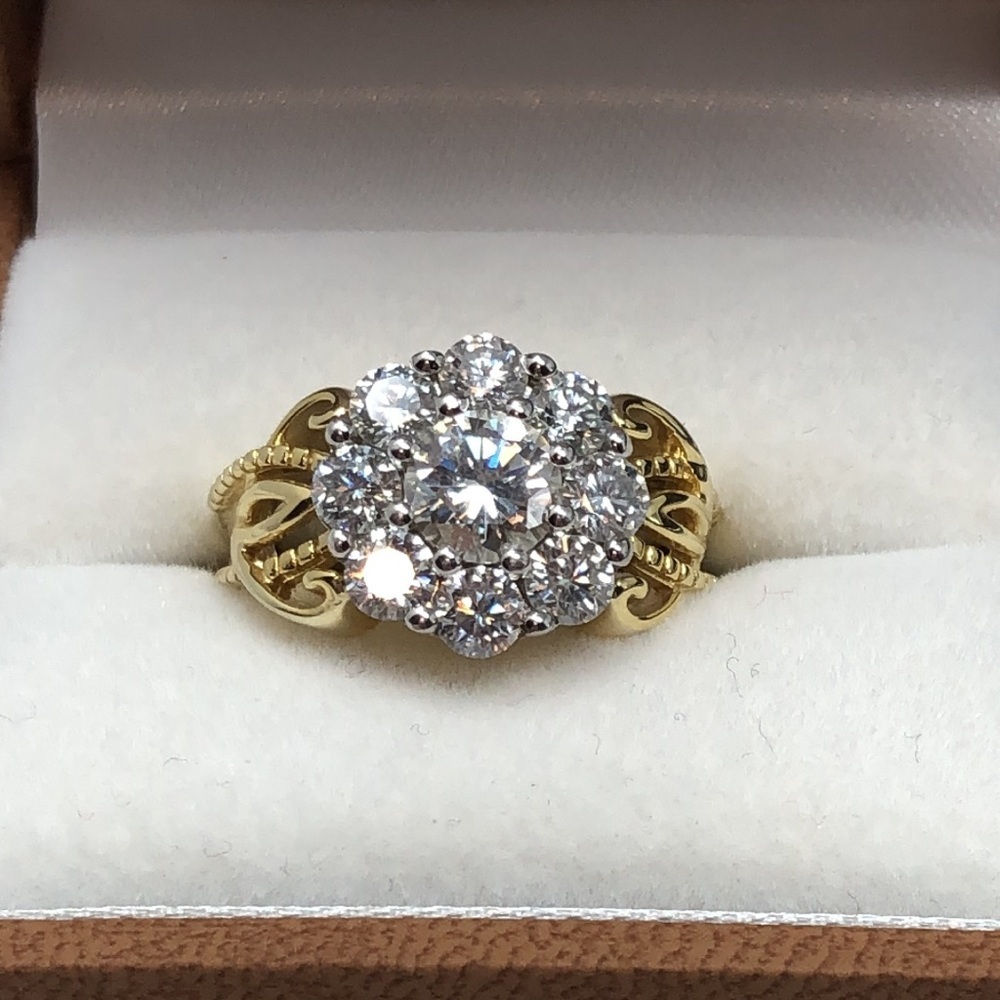 Moissanite Fire Ring 14K Yellow Gold Over 925 Silver Cluster Flower Size 6 - Picture 3 of 16